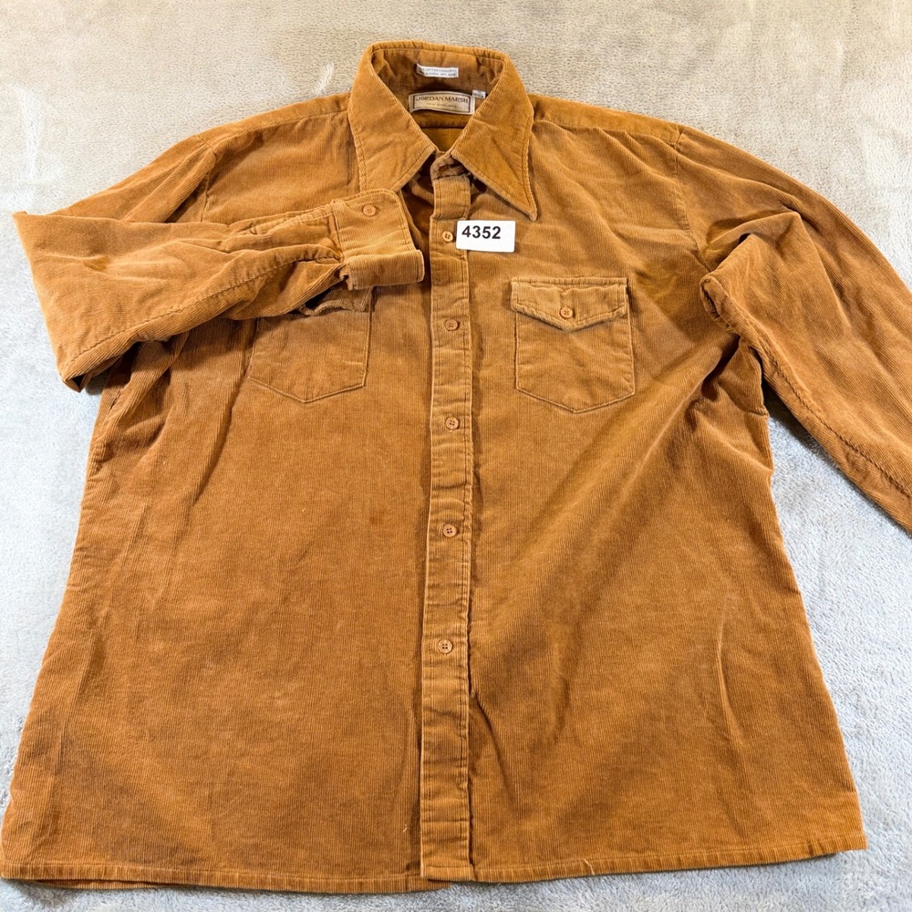 Jordan Marsh Corduroy Shirt Mens XL Brown Vintage 70s Long Sleeve Button Down